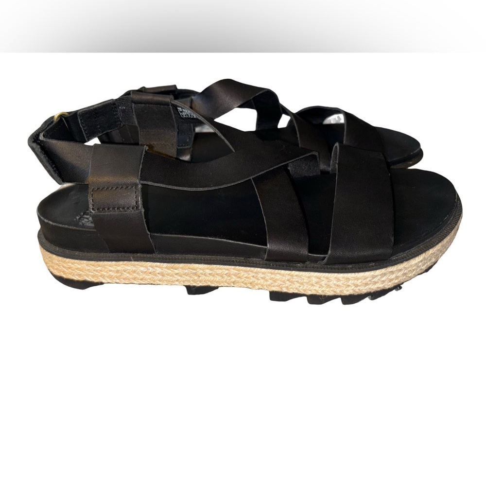 Sorel Roaming Criss Cross Black Leather Jute Ankle Strap Platform Sandal 9 - Picture 4 of 9